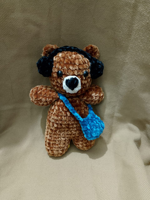Handmade Crochet Teddy Bear with Bag & Headphones