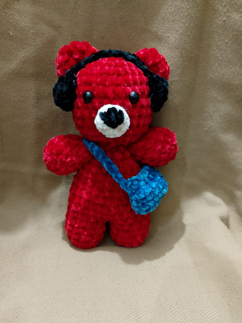 Handmade Crochet Teddy Bear with Bag & Headphones