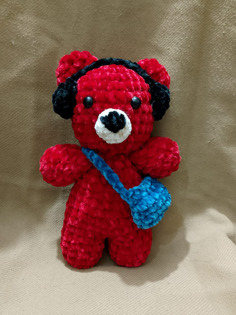 Handmade Crochet Teddy Bear with Bag & Headphones
