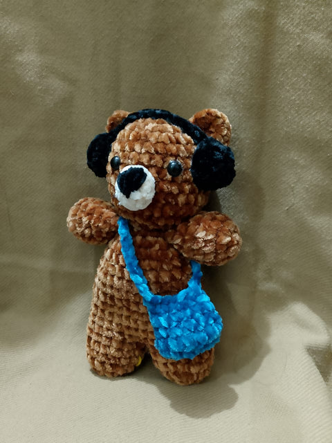 Handmade Crochet Teddy Bear with Bag & Headphones